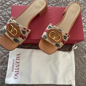 Valentino Garavani Tan Leather Slide Sandals with Floral Embroidered Strap